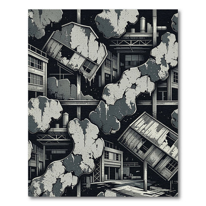 Industrial Ruined Cityscape Monochromatic Rug