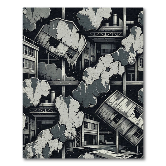 Industrial Ruined Cityscape Monochromatic Rug