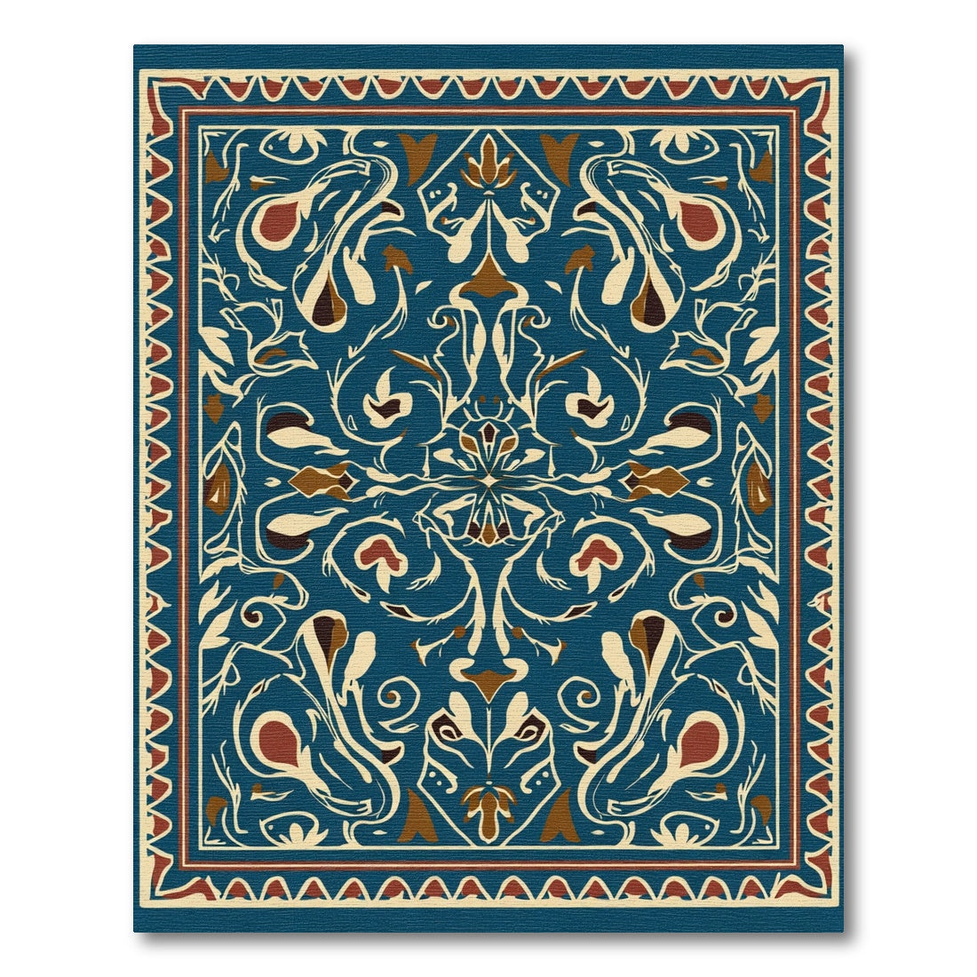 Deep Blue Floral Medallion Cream Border Rug
