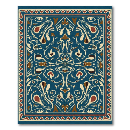 Deep Blue Floral Medallion Cream Border Rug