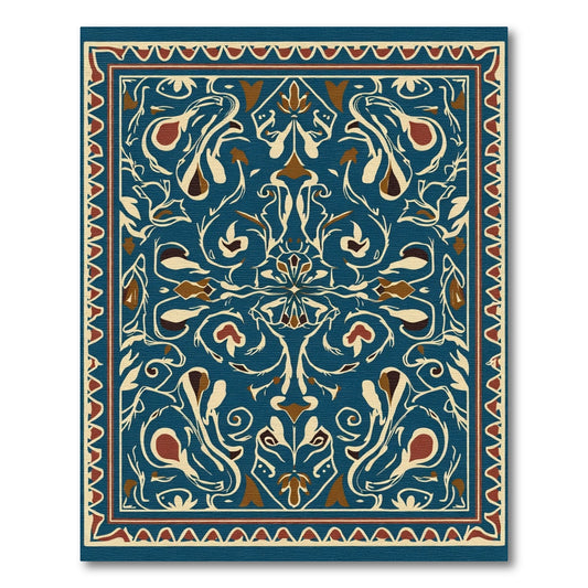Deep Blue Floral Medallion Cream Border Rug