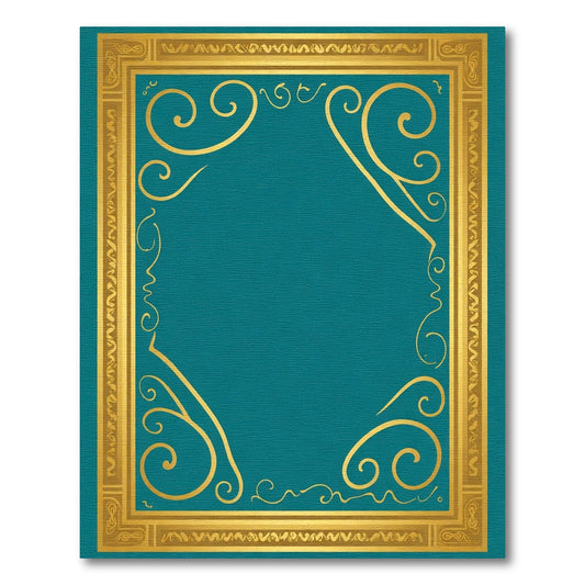 Ornate Gold Teal Scrollwork Frame Rug