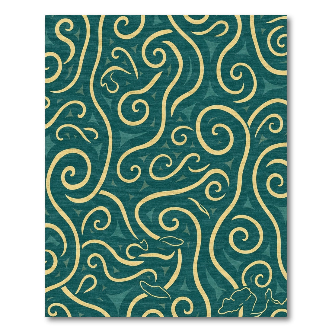 Teal and Gold Swirling Vine Motif Rug