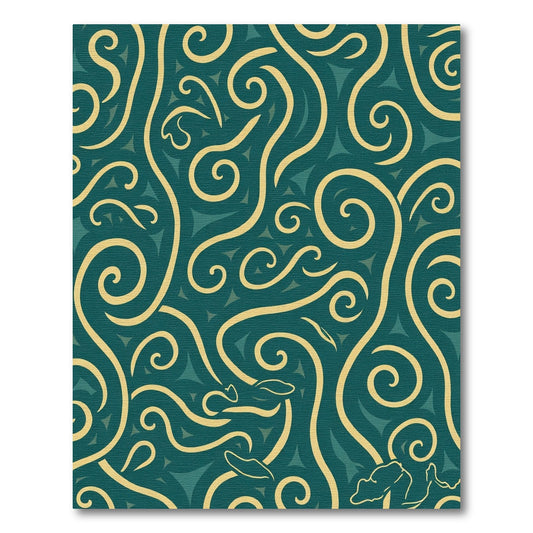Teal and Gold Swirling Vine Motif Rug