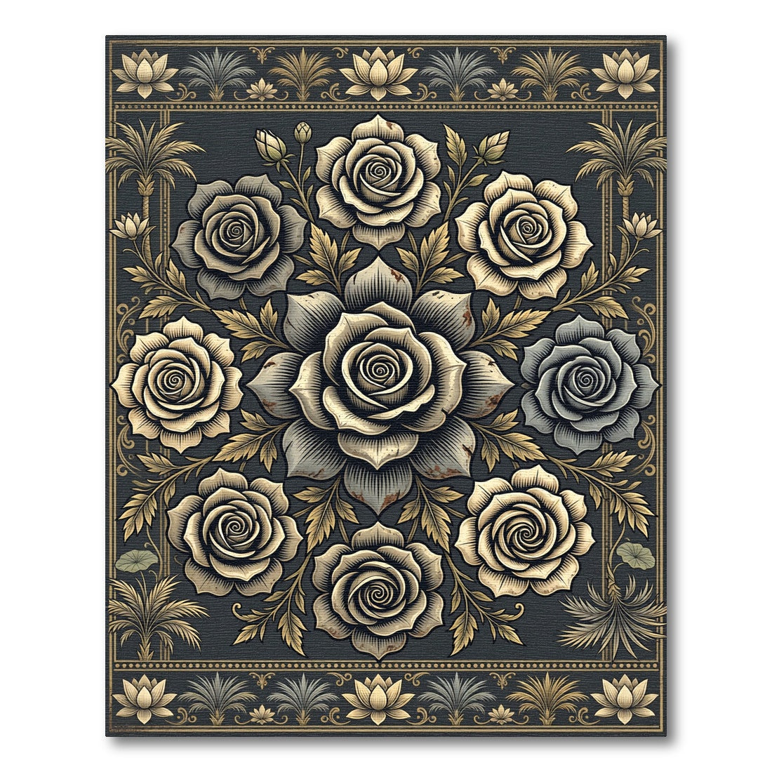 Ornate Gold Rose Floral Medallion Rug