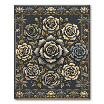 Ornate Gold Rose Floral Medallion Rug