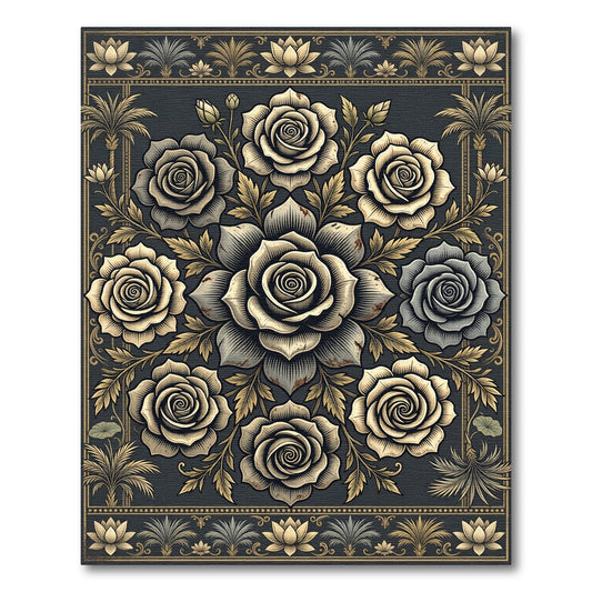 Ornate Gold Rose Floral Medallion Rug