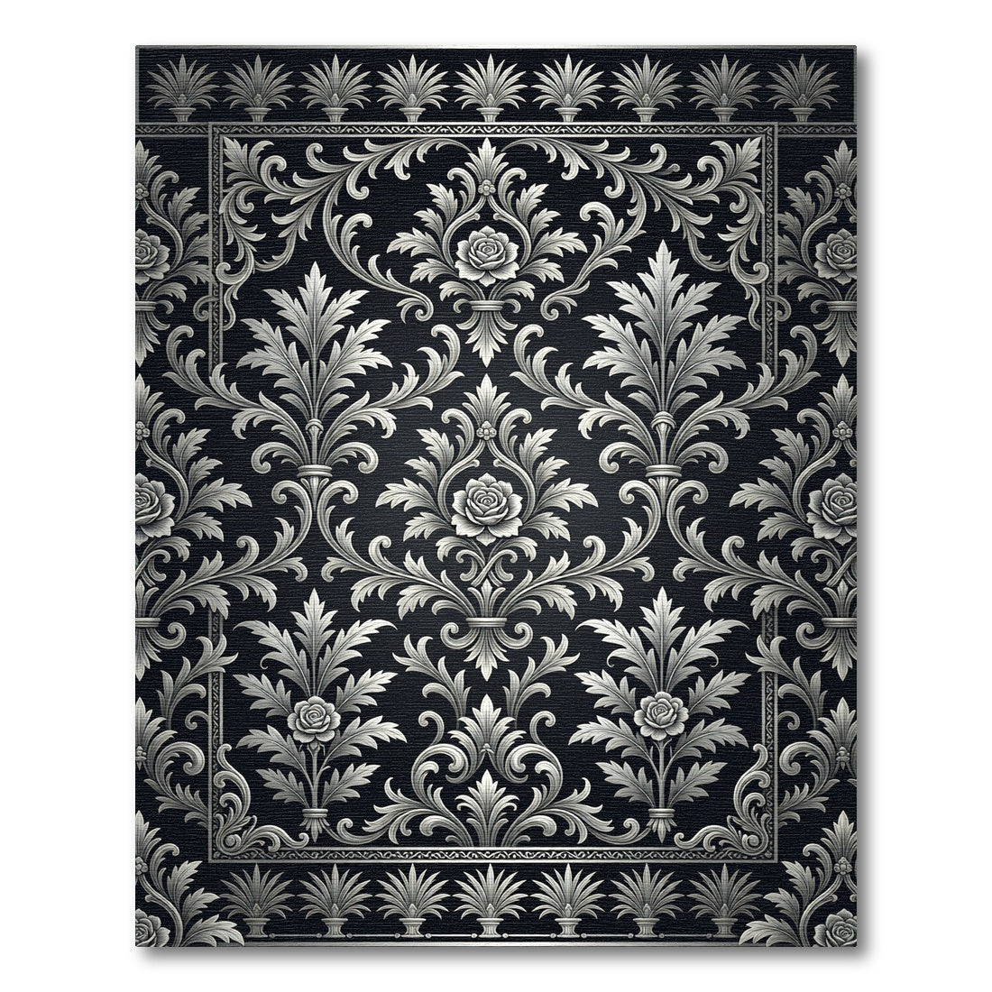 Ornate Black White Floral Damask Rug
