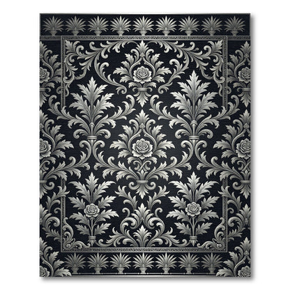 Ornate Black White Floral Damask Rug