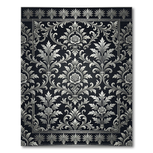 Ornate Black White Floral Damask Rug