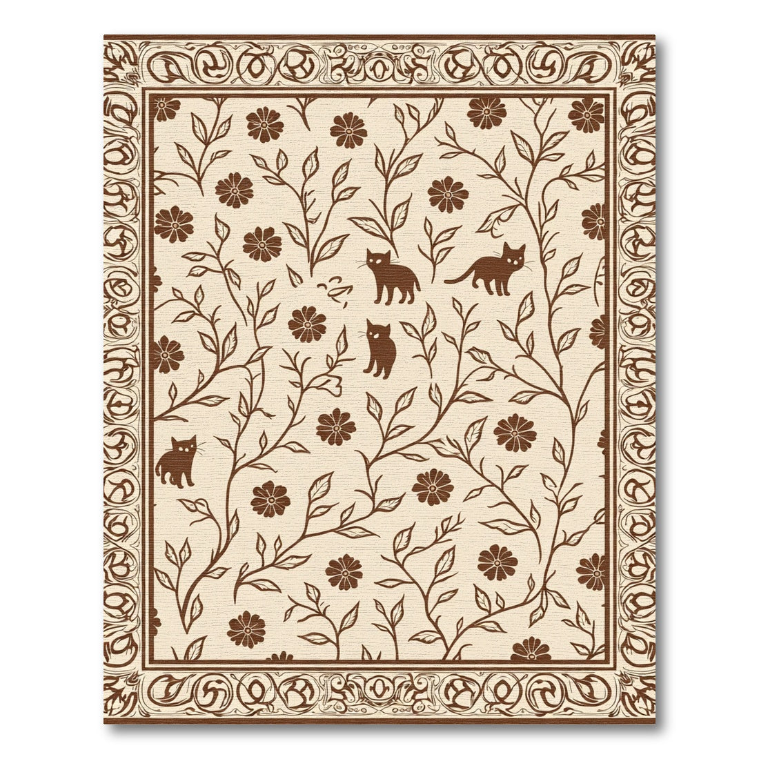 Brown Woodland Cat Floral Tapestry Rug