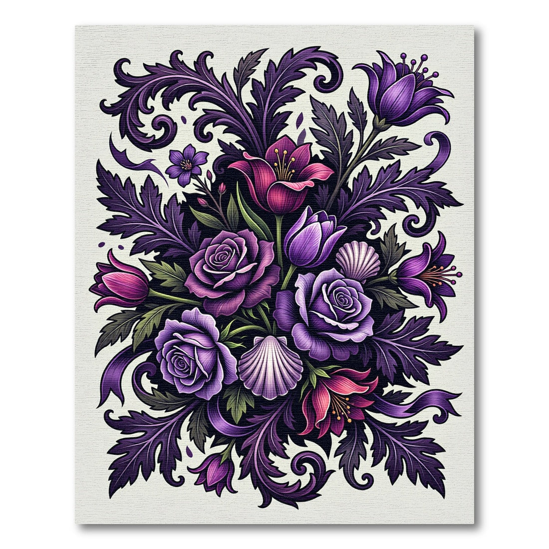 Vibrant Purple Floral Scrollwork Arrangement Rug
