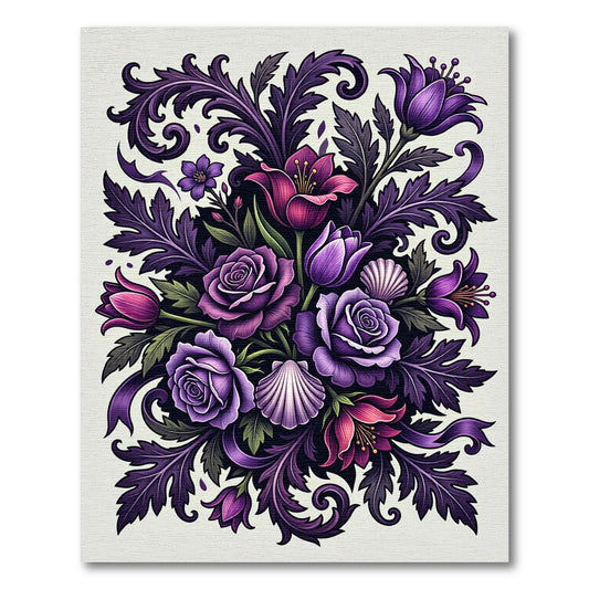 Vibrant Purple Floral Scrollwork Arrangement Rug