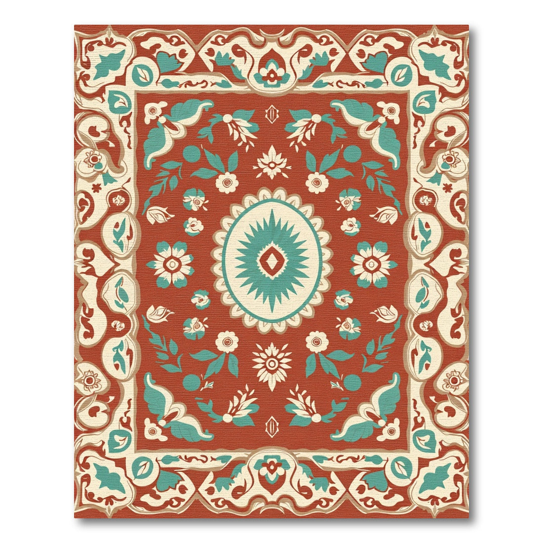 Terracotta Teal Floral Medallion Border Rug
