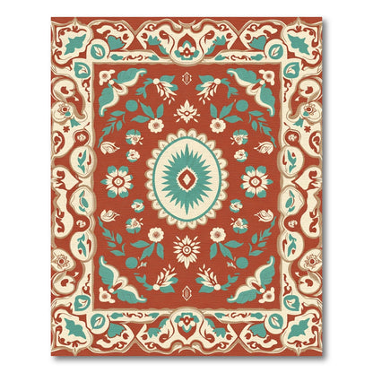 Terracotta Teal Floral Medallion Border Rug