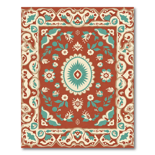 Terracotta Teal Floral Medallion Border Rug