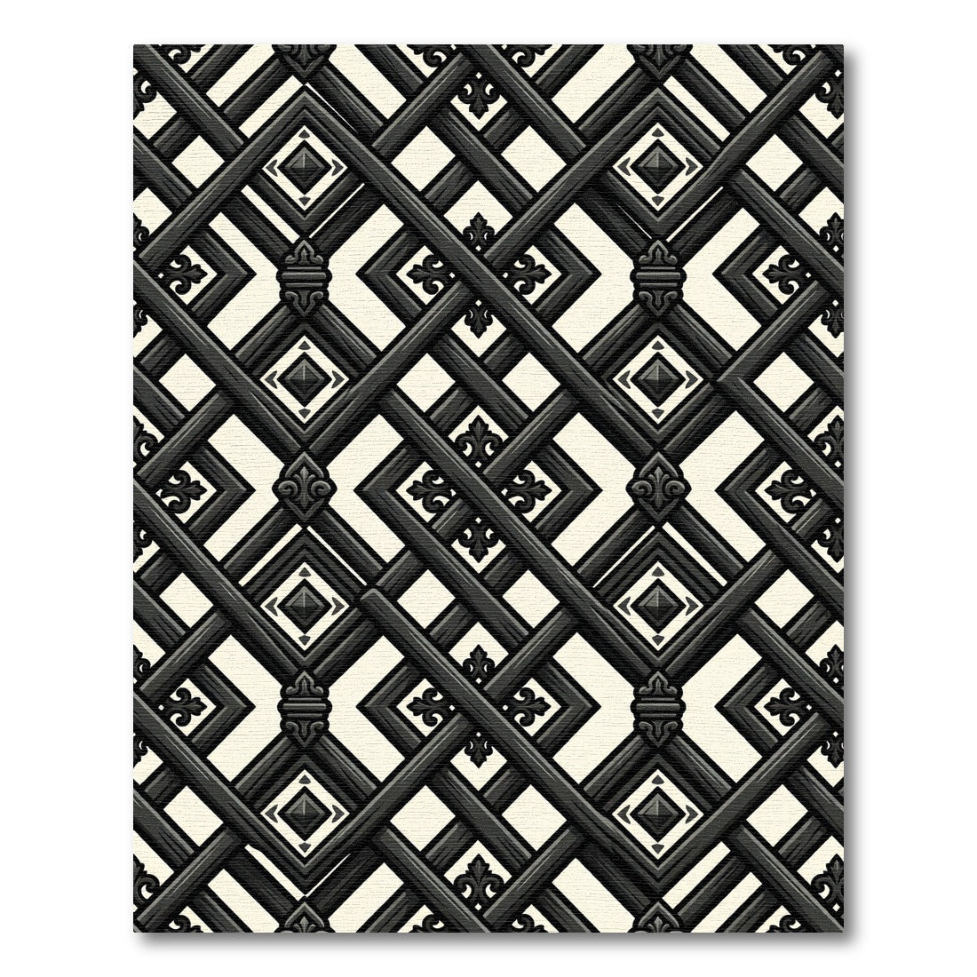 Gothic Charcoal Lattice Fleur Diamond Grid Rug