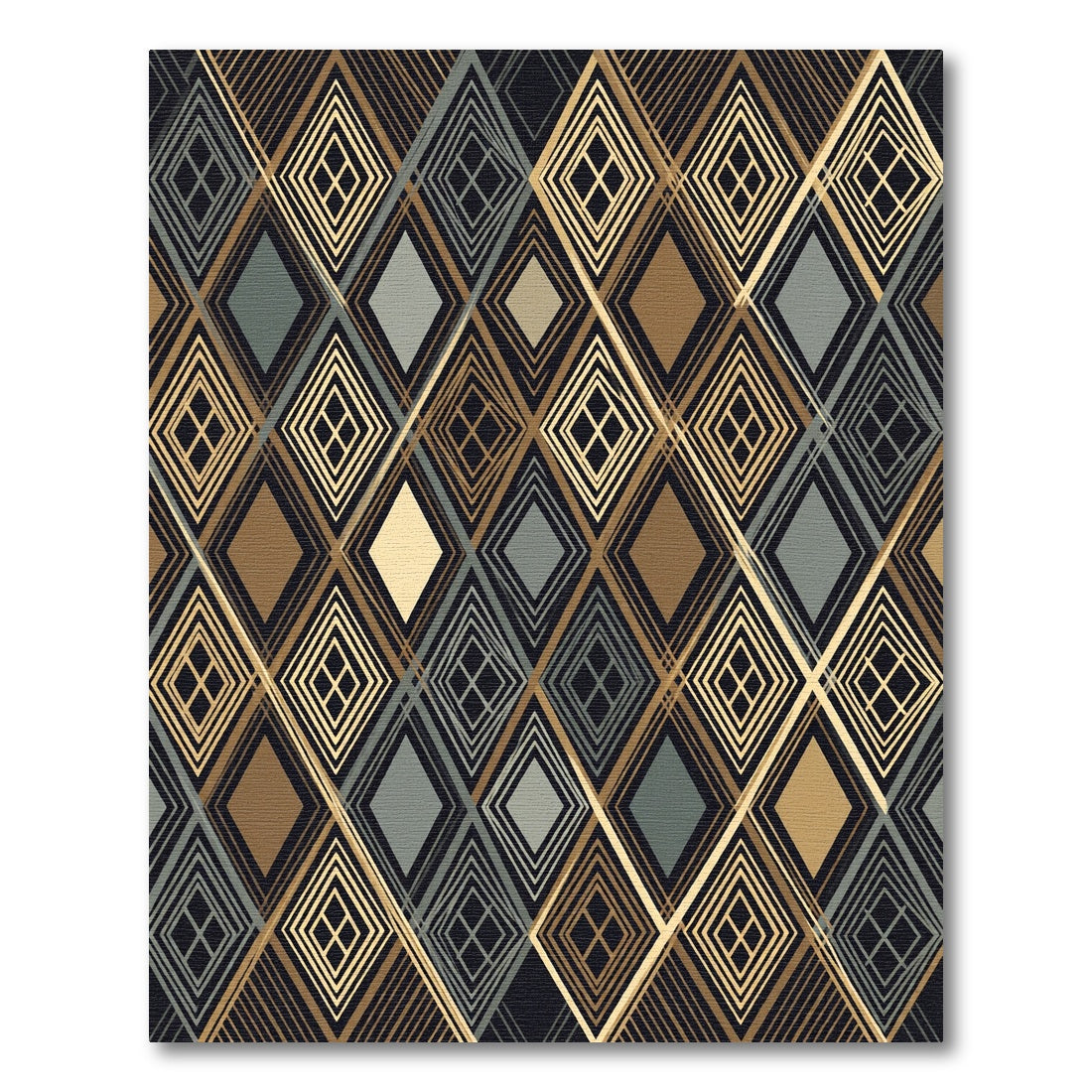Sophisticated Gold and Slate Geometric Diamond Rug