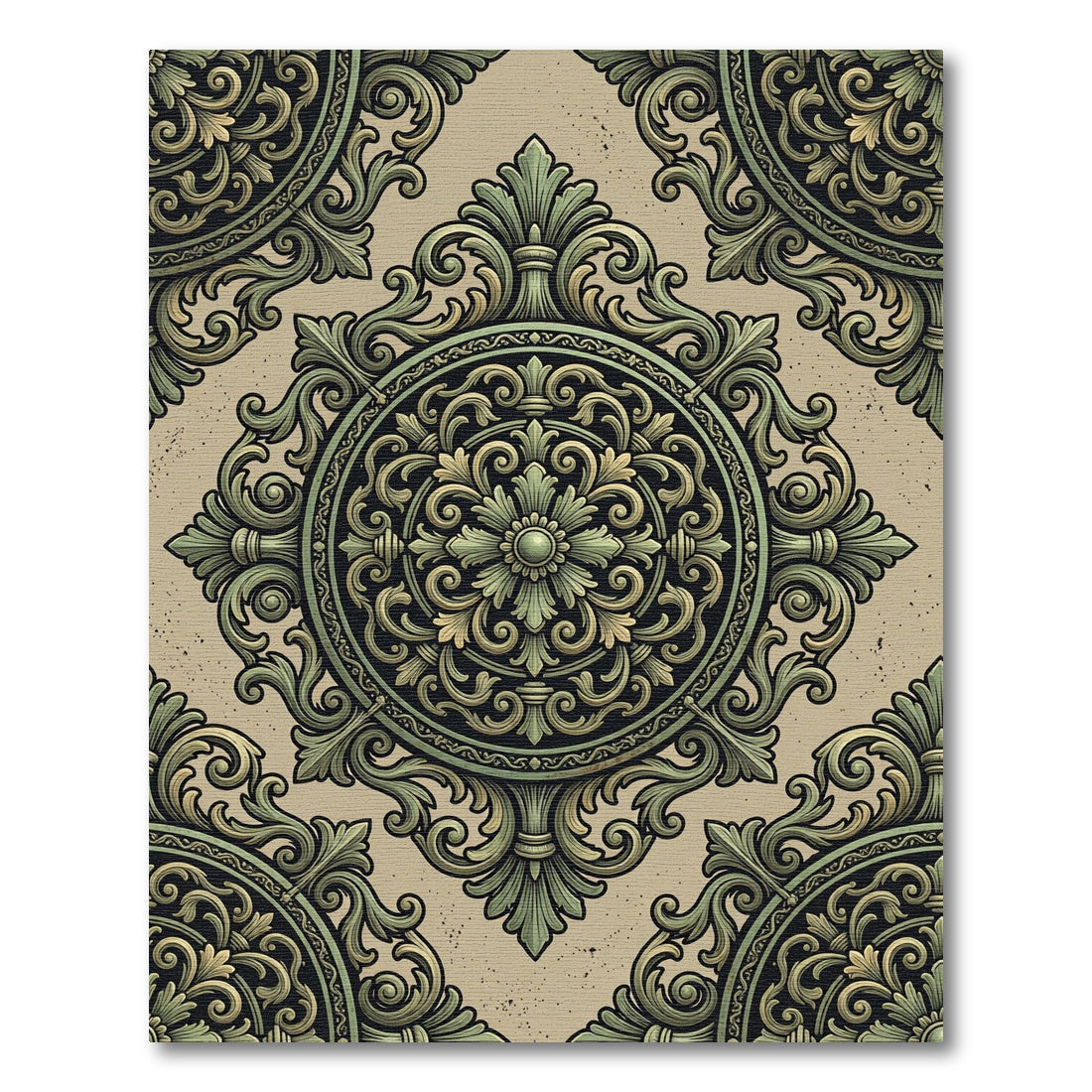 Ornate Green and Gold Medallion Rug