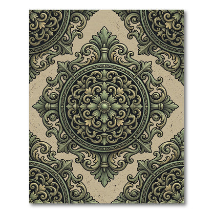 Ornate Green and Gold Medallion Rug