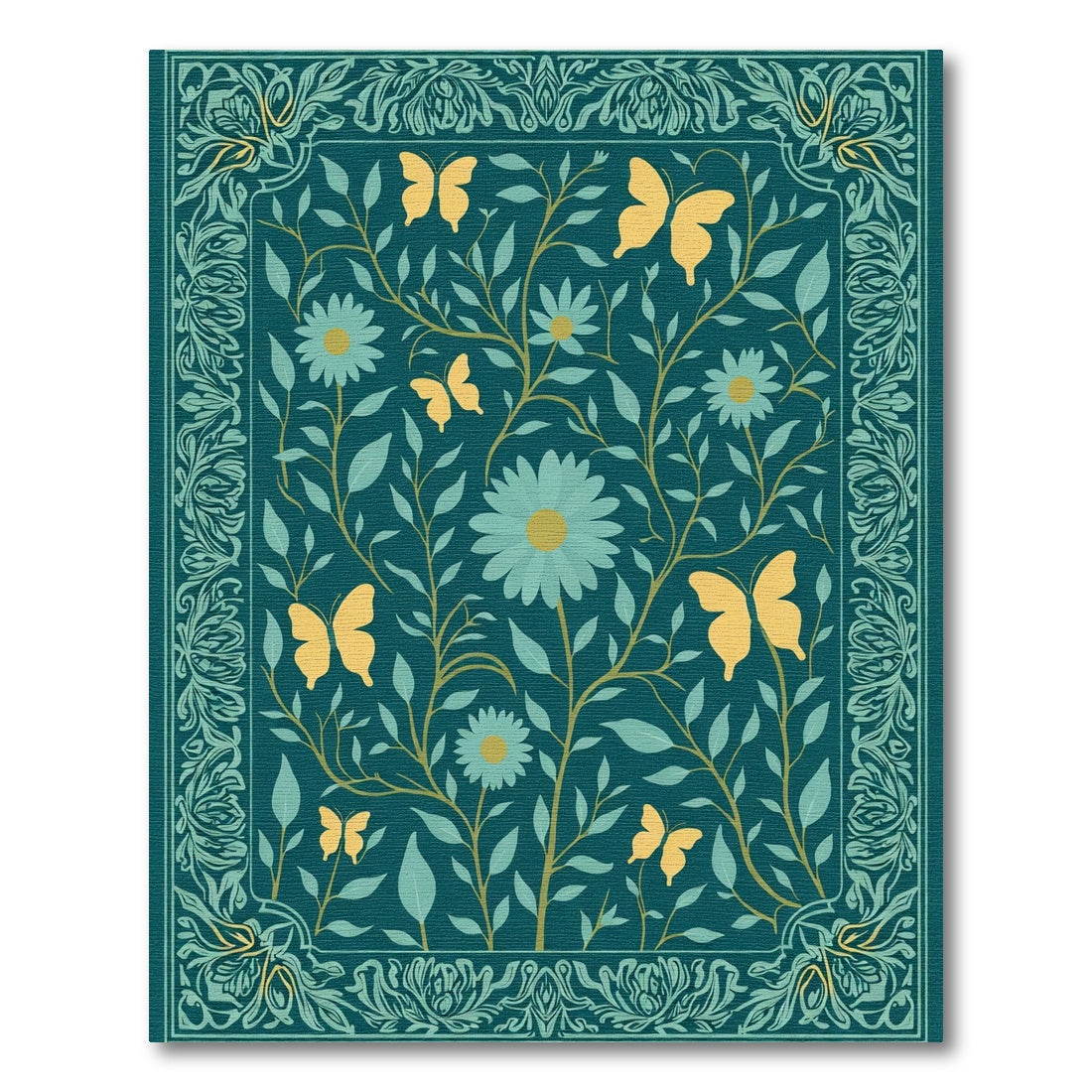 Teal Yellow Butterfly Floral Garden Rug