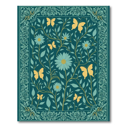Teal Yellow Butterfly Floral Garden Rug