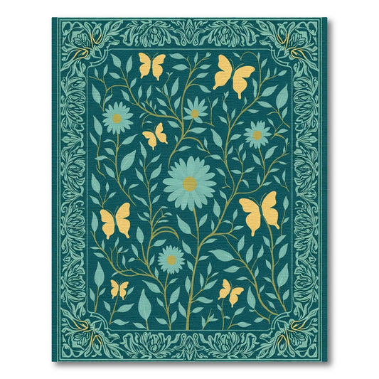 Teal Yellow Butterfly Floral Garden Rug