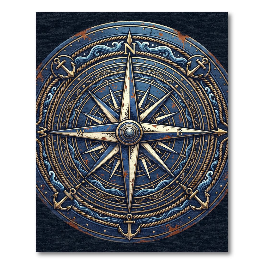 Nautical Compass Navy and Gold Medallion Rug