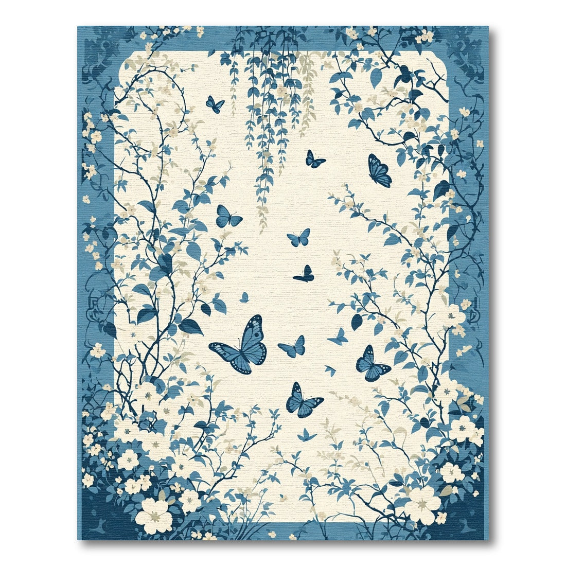 Blue Floral Butterfly Garden Scene Rug