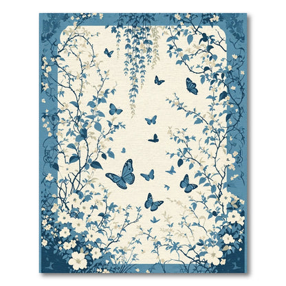 Blue Floral Butterfly Garden Scene Rug