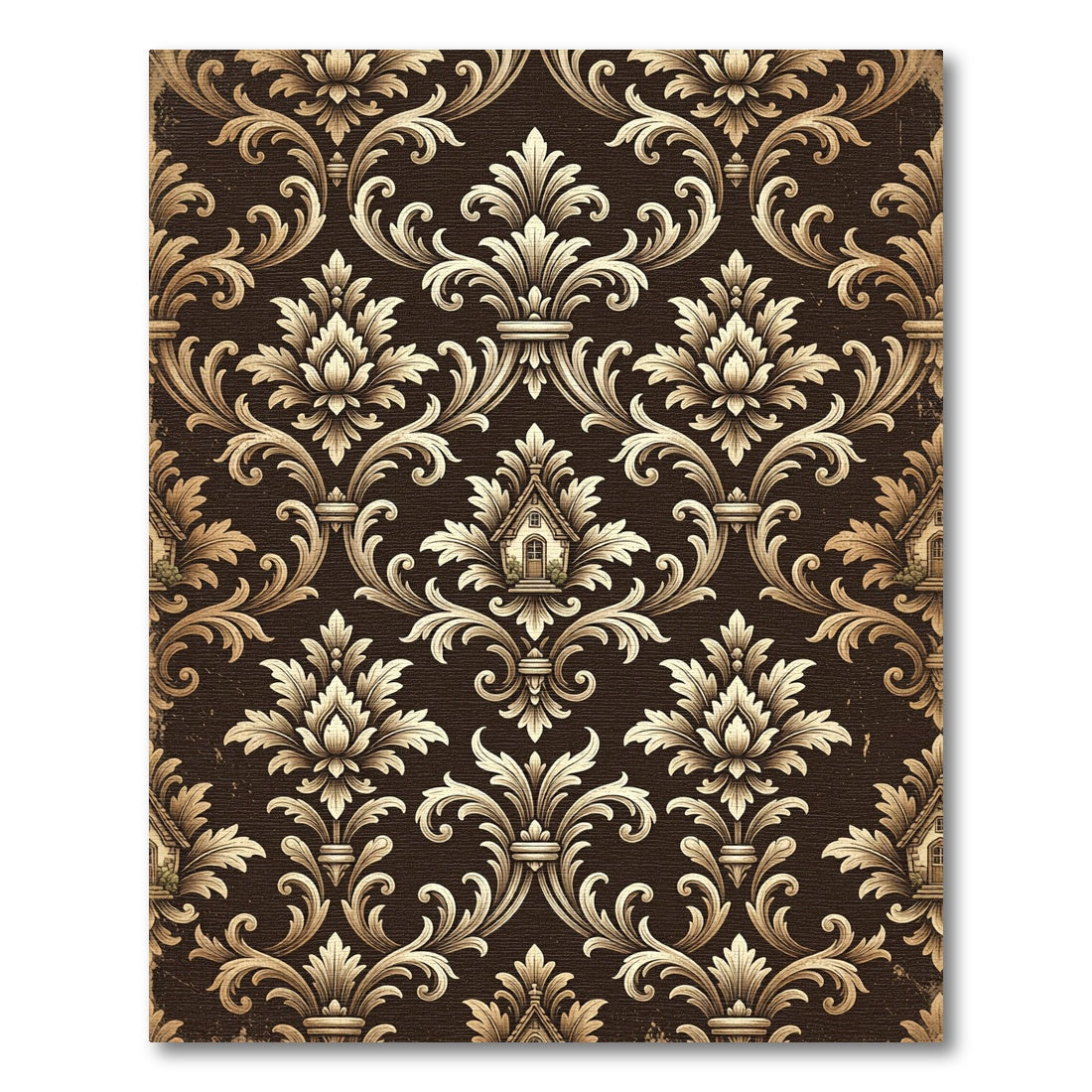 Brown and Gold Damask Floral Scroll Rug