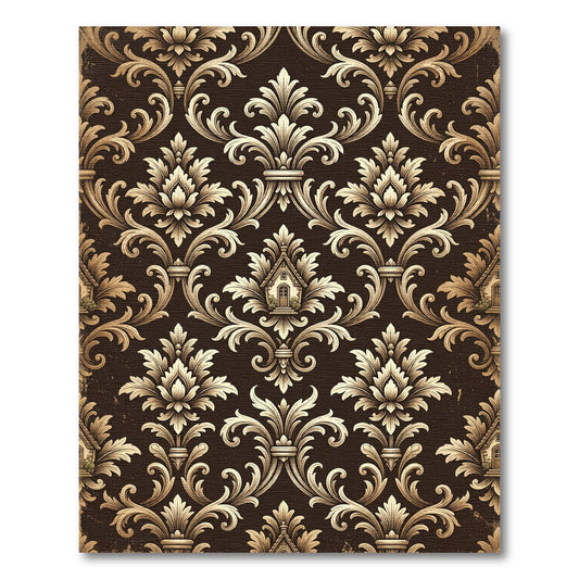 Brown and Gold Damask Floral Scroll Rug