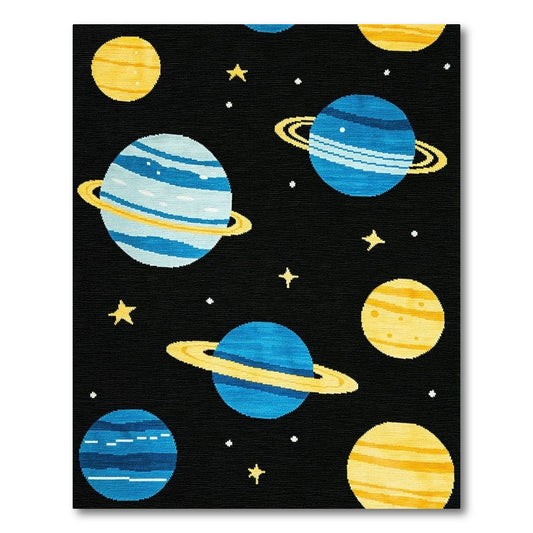 Whimsical Blue Yellow Planets Stars Rug