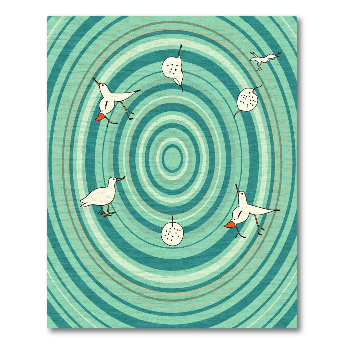 Teal Concentric Circles Whimsical Birds Rug