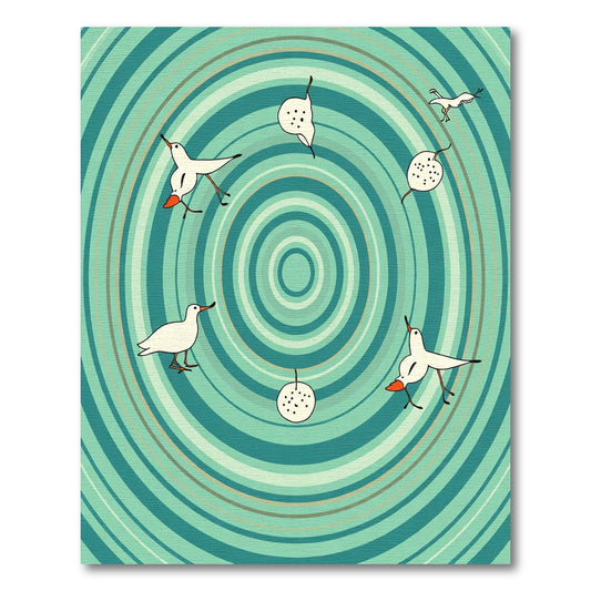 Teal Concentric Circles Whimsical Birds Rug