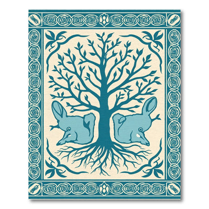 Teal Tree Rabbits Border Art Rug