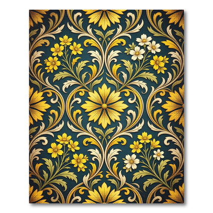 Golden Floral Damask Teal Botanical Art Rug