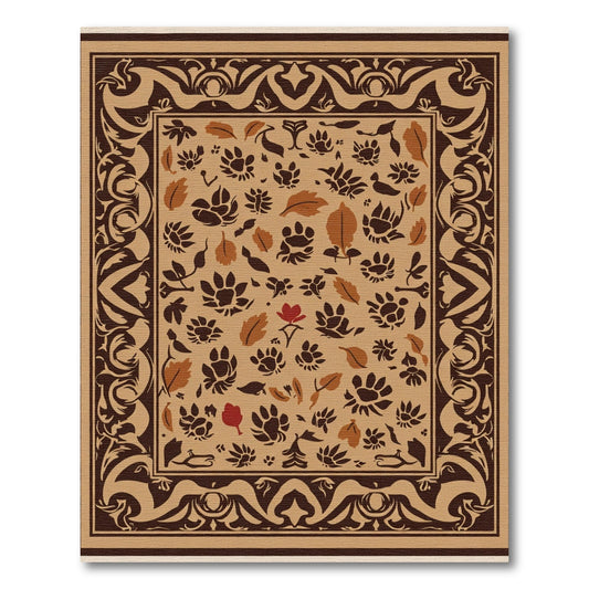 Earthy Brown Floral Paw Print Border Rug