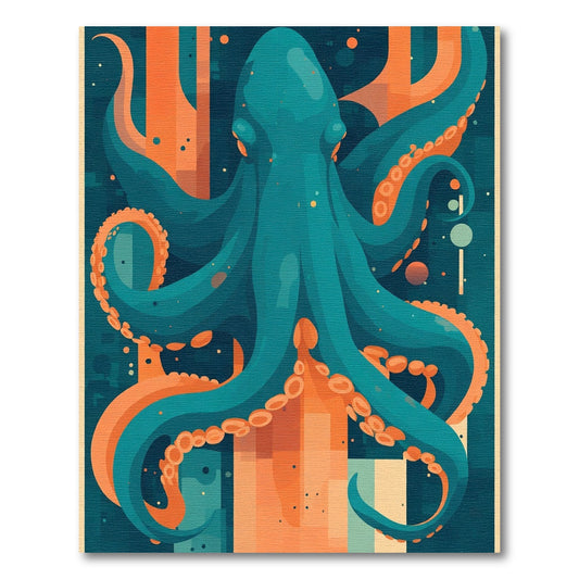Teal Octopus Orange Abstract Waves Rug