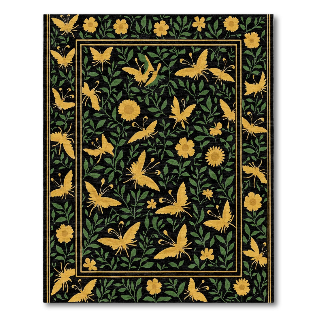 Golden Butterfly Meadow Black Rug