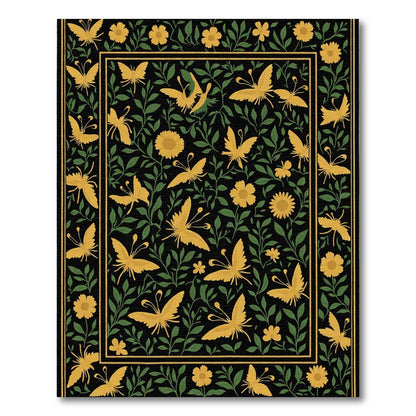 Golden Butterfly Meadow Black Rug