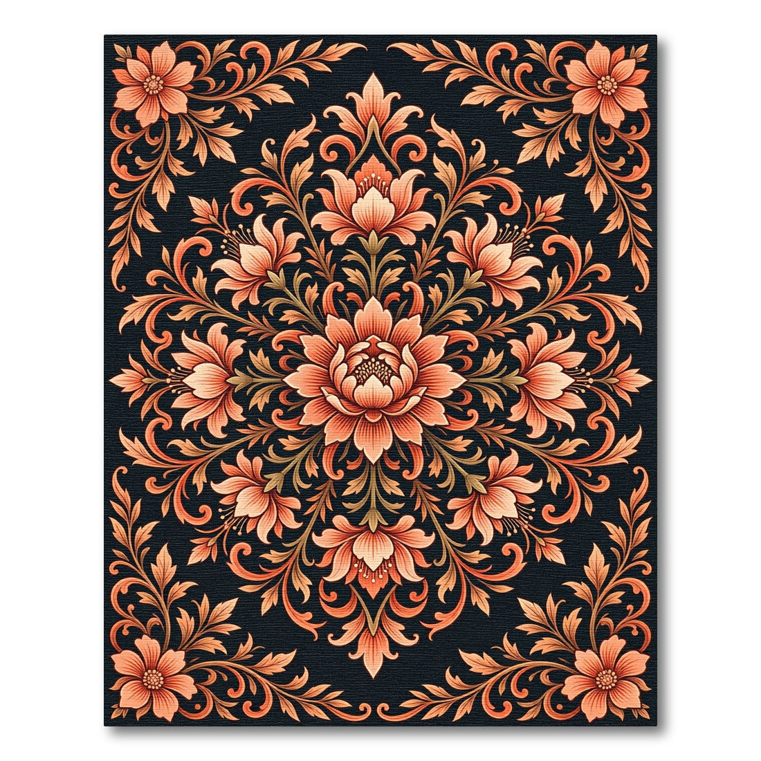 Elegant Terracotta Floral Damask Medallion Rug