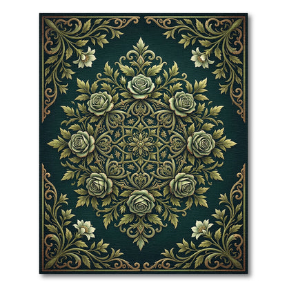 Elegant Emerald Rose Floral Medallion Rug