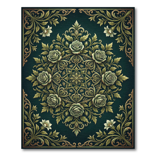 Elegant Emerald Rose Floral Medallion Rug