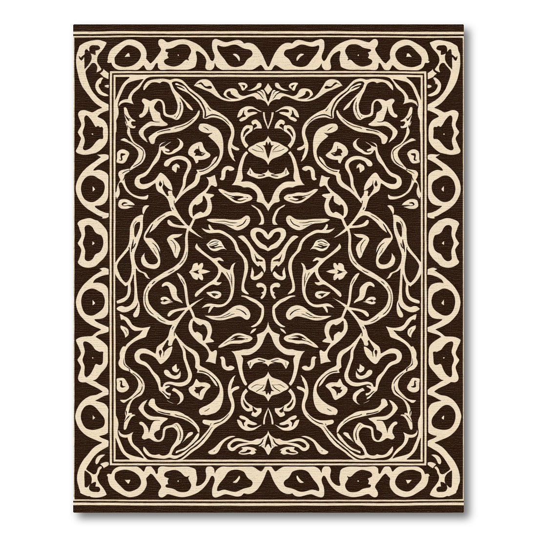 Dark Brown Cream Intricate Floral Border Rug