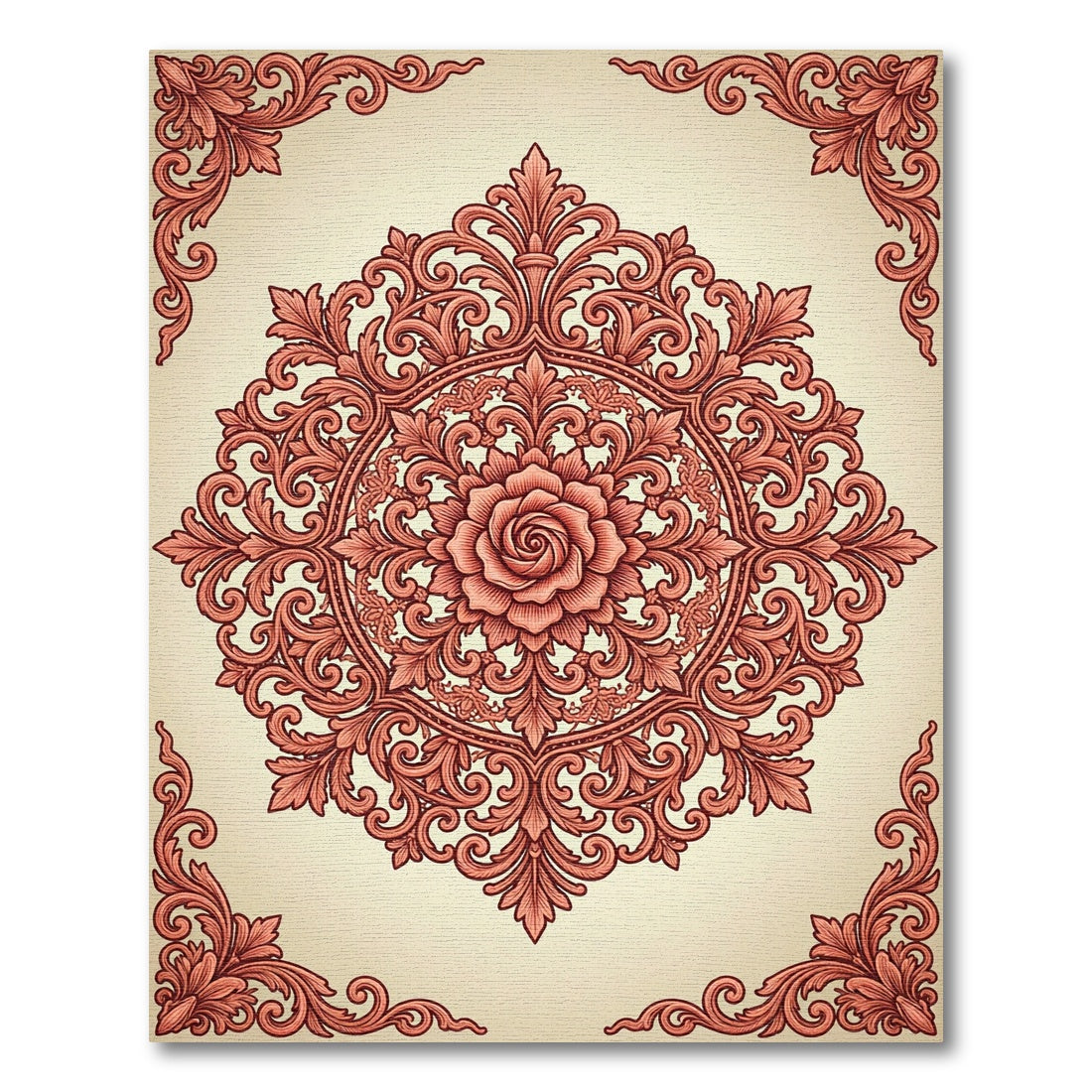 Coral Floral Medallion Scrollwork Rug