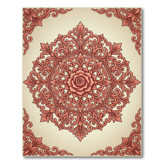 Coral Floral Medallion Scrollwork Rug