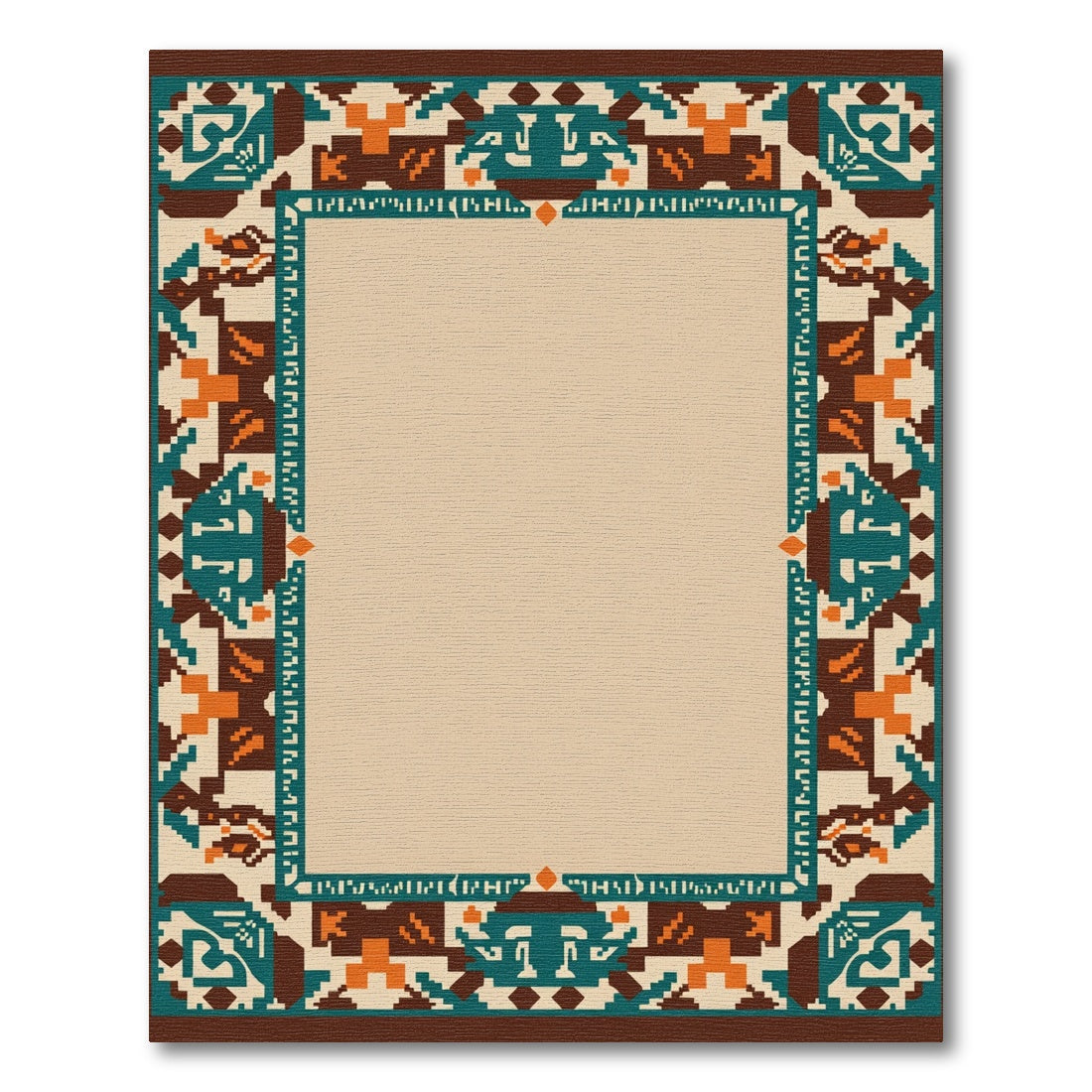 Brown Teal Orange Geometric Border Rug