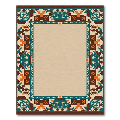 Brown Teal Orange Geometric Border Rug