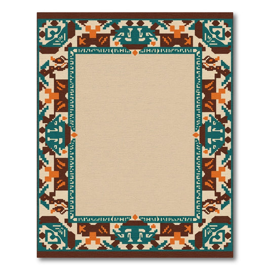 Brown Teal Orange Geometric Border Rug